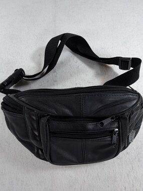 Vintage Genuine Leather Black Fanny Pack Belt Bag Multi Pocket Travel Waist Bag